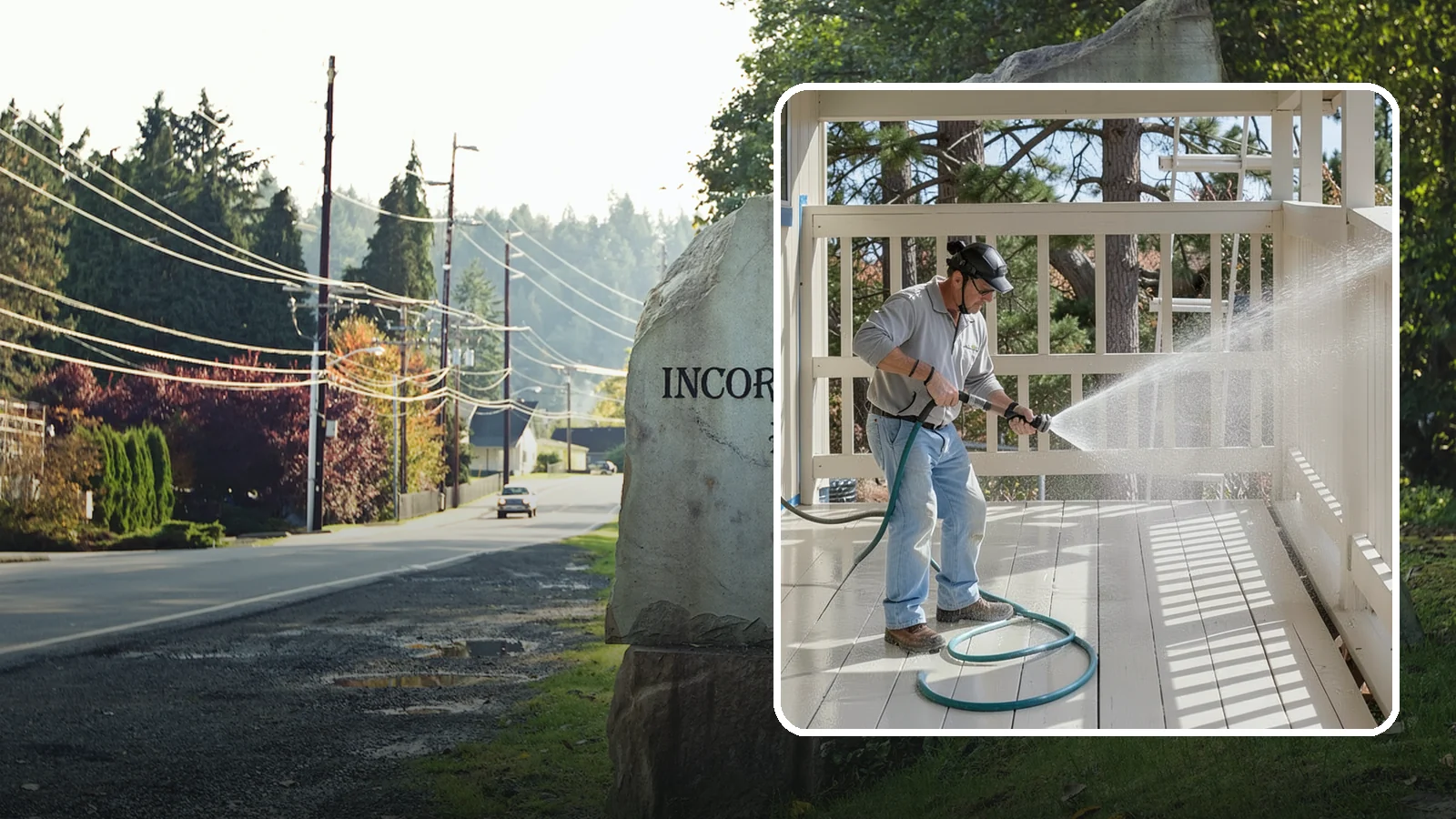 Porch Cleaning in Wilkeson, Pierce County, WA - We wash porch floors, ceilings, and posts to lift the moss, mud, and pollen that dull this high-traffic entry.