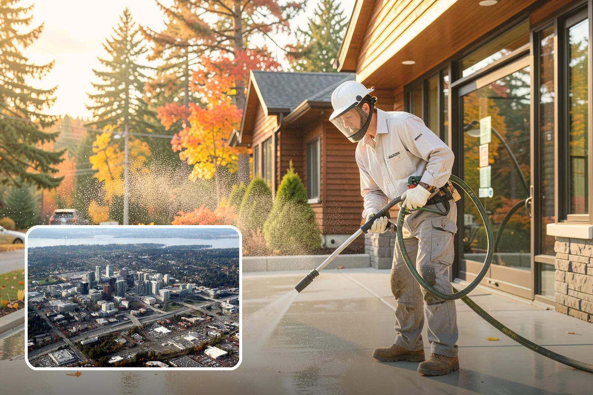 Post-Construction Pressure Washing in Bellevue, King County, WA - Strips dried mortar and paint from hardscapes