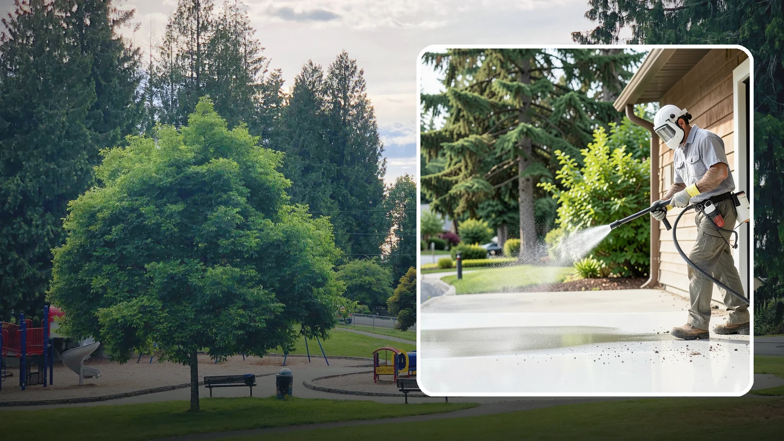 Post-Construction Pressure Washing in Bonney Lake, Pierce County, WA - We handle heavy post-construction washing on Washington properties to clear the toughest build-out residue.