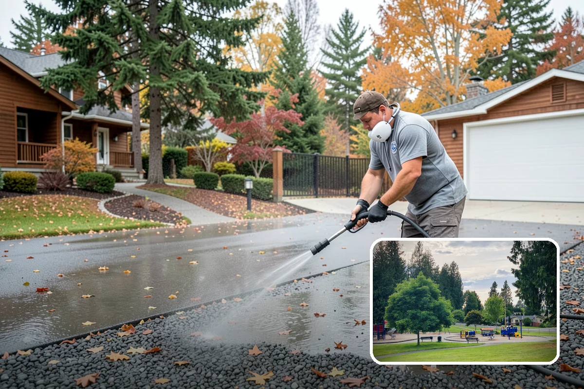 Post-Construction Pressure Washing in Bonney Lake, Pierce County, WA - Strips dried mortar and paint from hardscapes