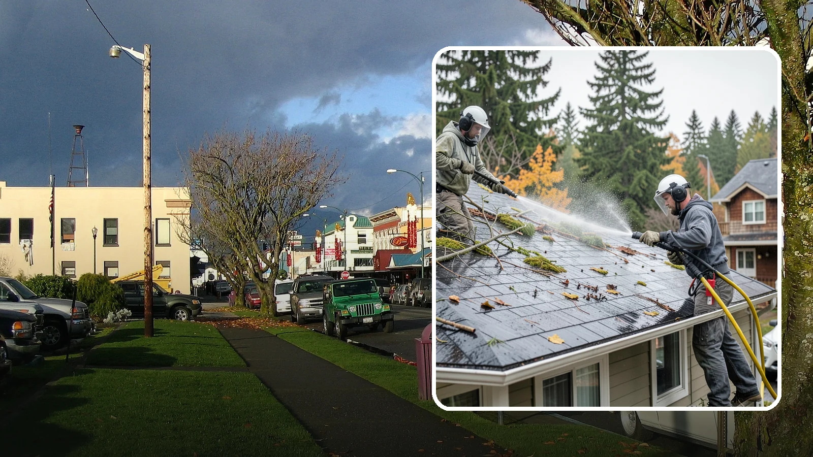 Post-Storm Roof Cleaning in Arlington, Snohomish County, WA - Post-storm roof cleaning clears the branches, needles, and debris that Northwest storms pile onto roofs and lodge in valleys.