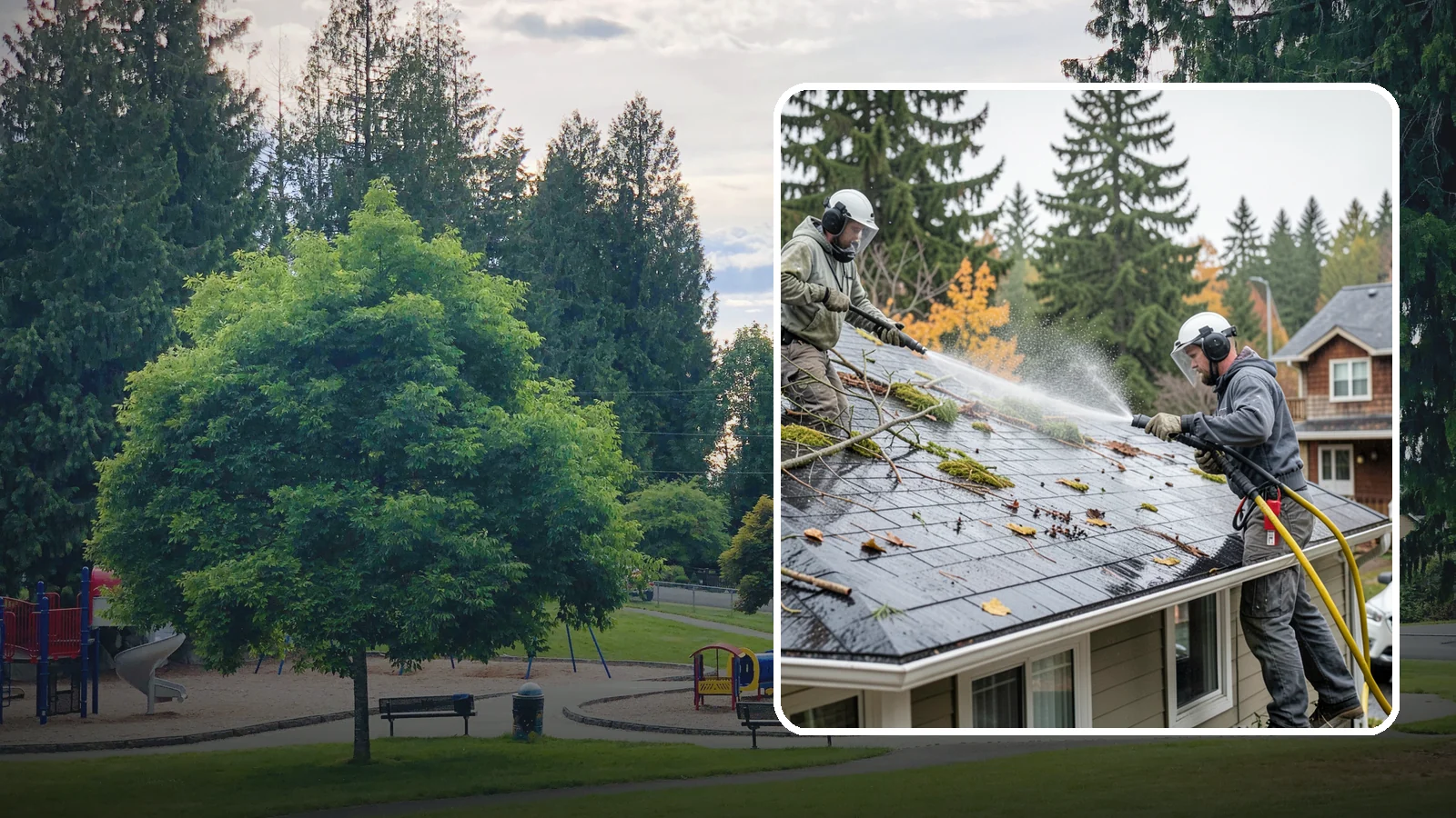 Post-Storm Roof Cleaning in Bonney Lake, Pierce County, WA - Post-storm roof cleaning clears the branches, needles, and debris that Northwest storms pile onto roofs and lodge in valleys.