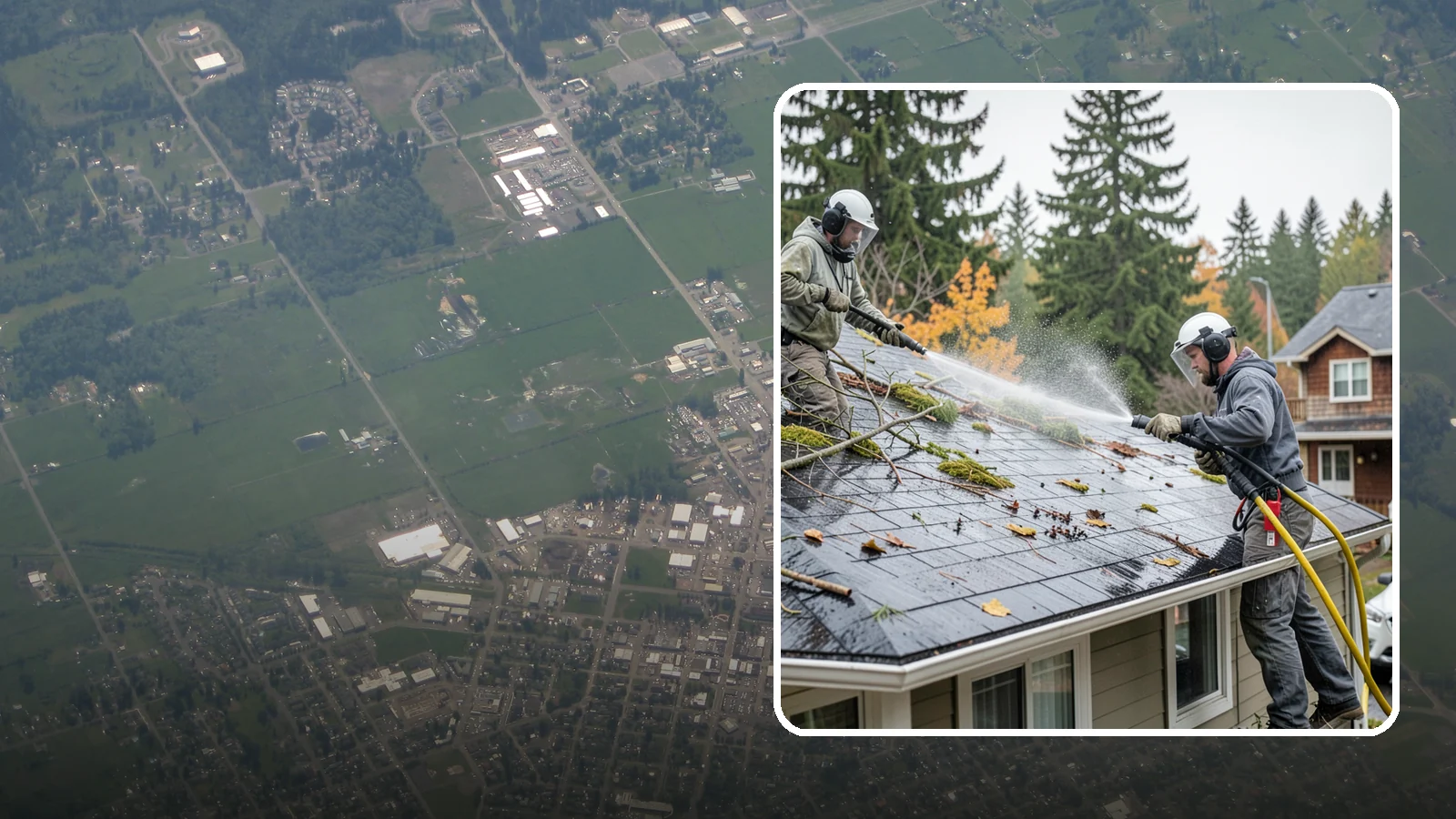 Post-Storm Roof Cleaning in Enumclaw, King County, WA - Post-storm roof cleaning clears the branches, needles, and debris that Northwest storms pile onto roofs and lodge in valleys.
