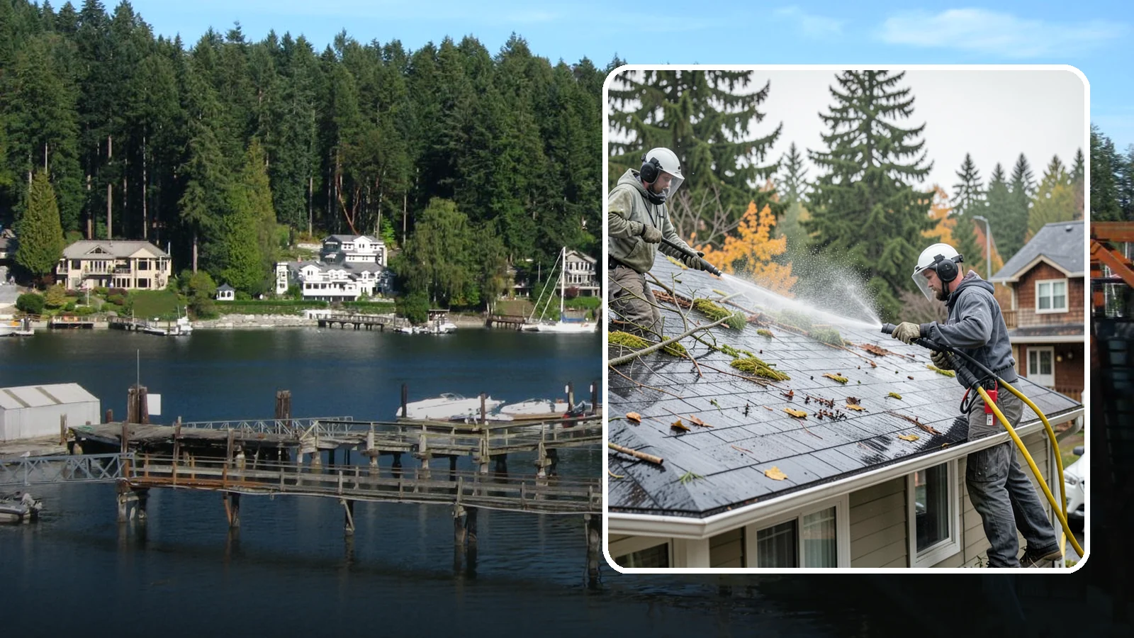 Post-Storm Roof Cleaning in Gig Harbor, Pierce County, WA - Post-storm roof cleaning clears the branches, needles, and debris that Northwest storms pile onto roofs and lodge in valleys.