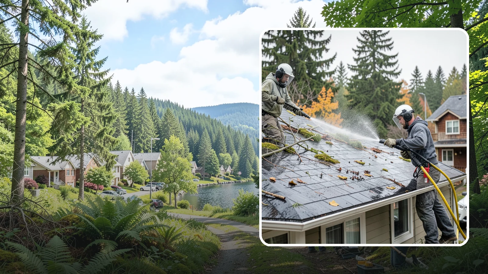 Post-Storm Roof Cleaning in Lake Forest Park, King County, WA - Post-storm roof cleaning clears the branches, needles, and debris that Northwest storms pile onto roofs and lodge in valleys.