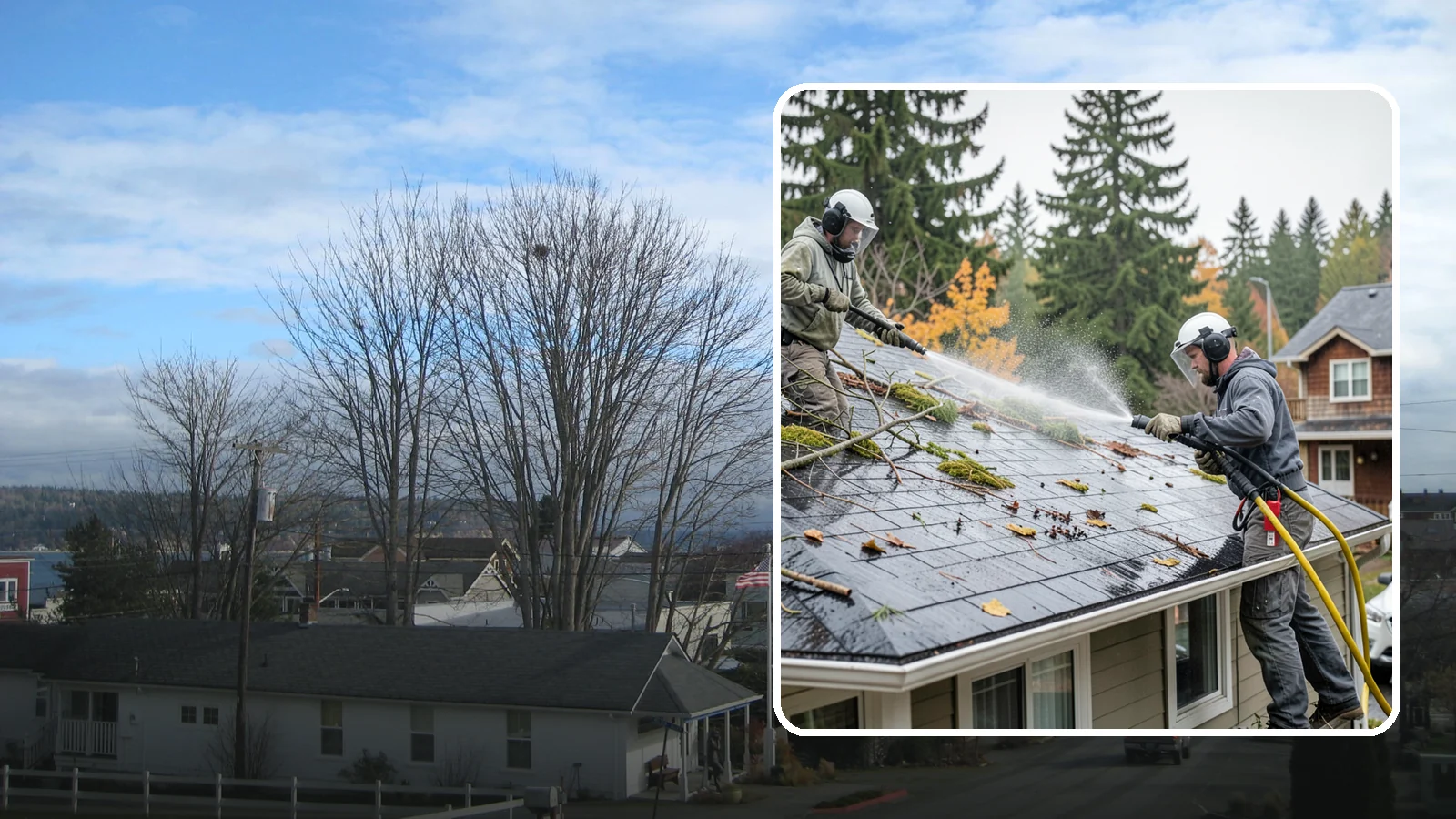 Post-Storm Roof Cleaning in Langley, Island County, WA - Post-storm roof cleaning clears the branches, needles, and debris that Northwest storms pile onto roofs and lodge in valleys.
