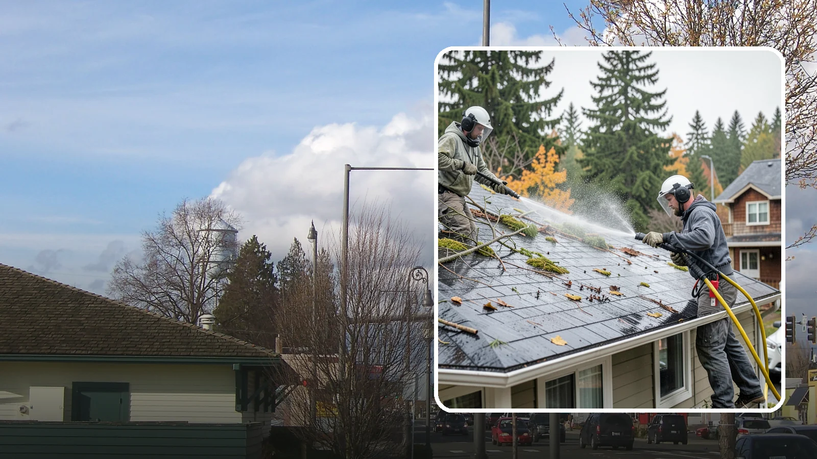 Post-Storm Roof Cleaning in Marysville, Snohomish County, WA - Post-storm roof cleaning clears the branches, needles, and debris that Northwest storms pile onto roofs and lodge in valleys.