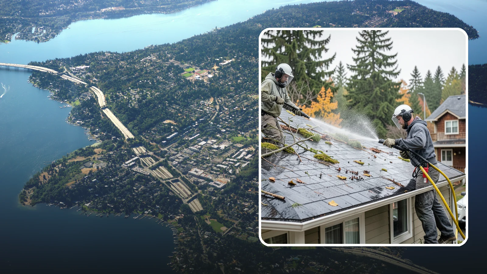 Post-Storm Roof Cleaning in Mercer Island, King County, WA - Post-storm roof cleaning clears the branches, needles, and debris that Northwest storms pile onto roofs and lodge in valleys.