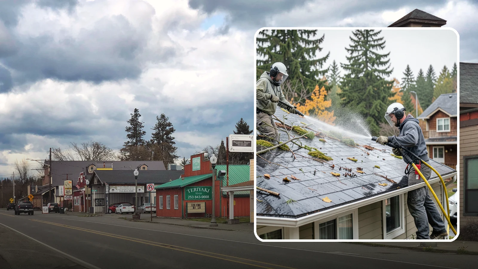Post-Storm Roof Cleaning in Roy, Pierce County, WA - Post-storm roof cleaning clears the branches, needles, and debris that Northwest storms pile onto roofs and lodge in valleys.