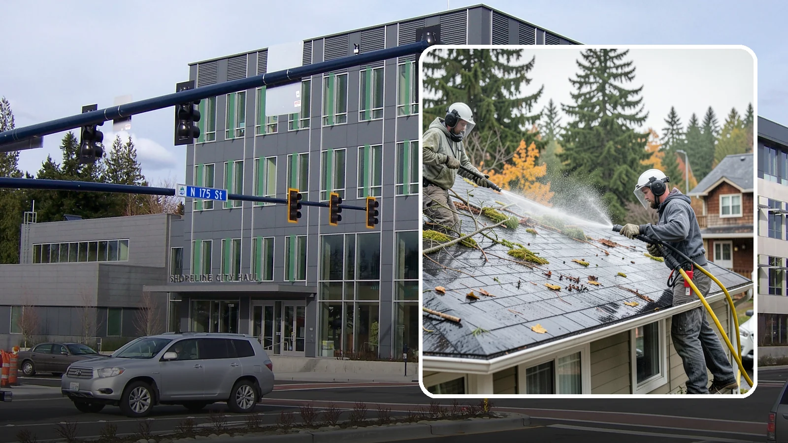 Post-Storm Roof Cleaning in Shoreline, King County, WA - Post-storm roof cleaning clears the branches, needles, and debris that Northwest storms pile onto roofs and lodge in valleys.
