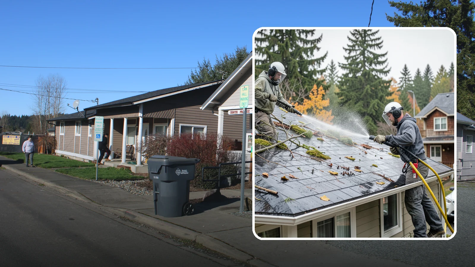Post-Storm Roof Cleaning in South Prairie, Pierce County, WA - Post-storm roof cleaning clears the branches, needles, and debris that Northwest storms pile onto roofs and lodge in valleys.