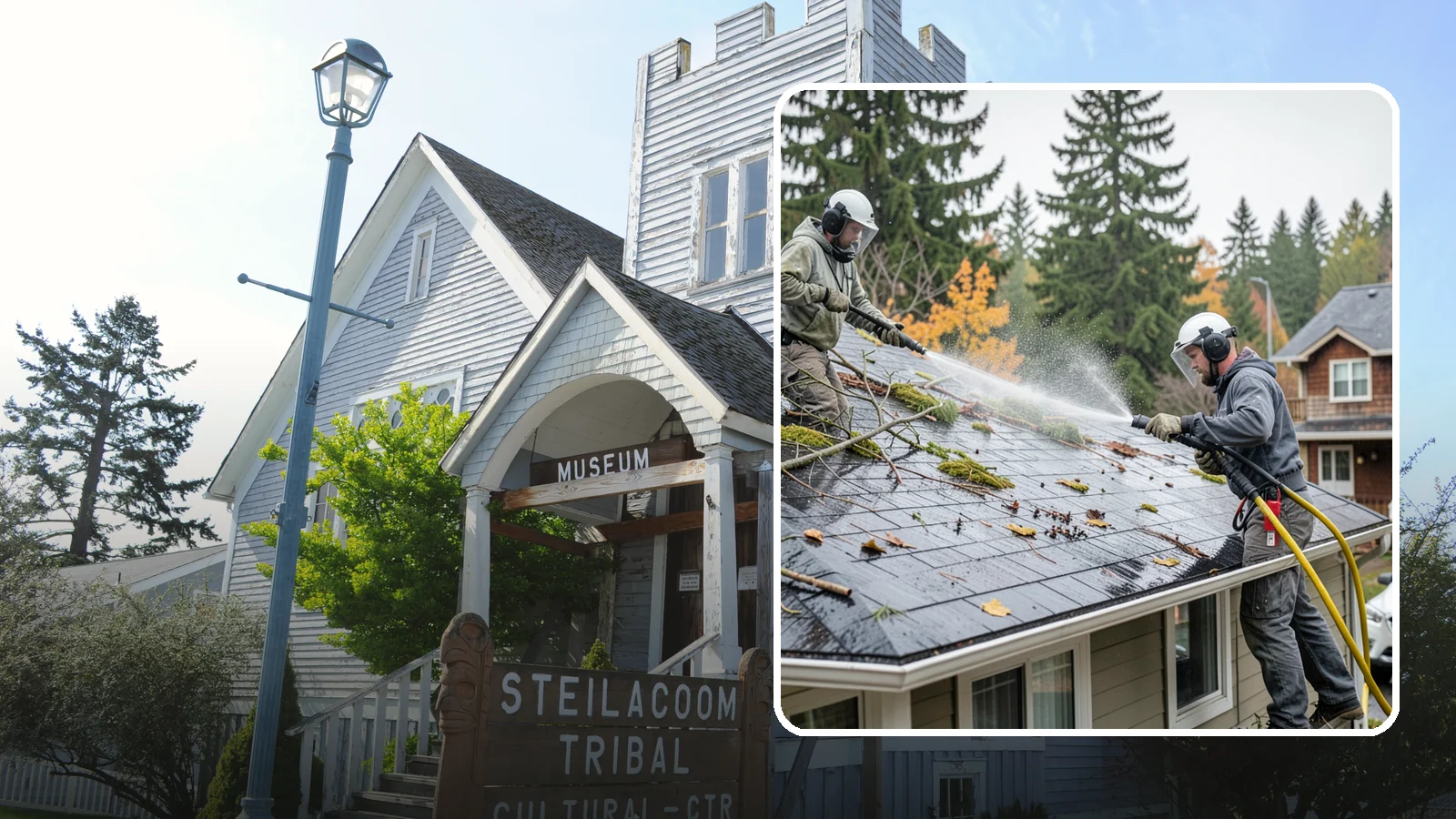 Post-Storm Roof Cleaning in Steilacoom, Pierce County, WA - Post-storm roof cleaning clears the branches, needles, and debris that Northwest storms pile onto roofs and lodge in valleys.