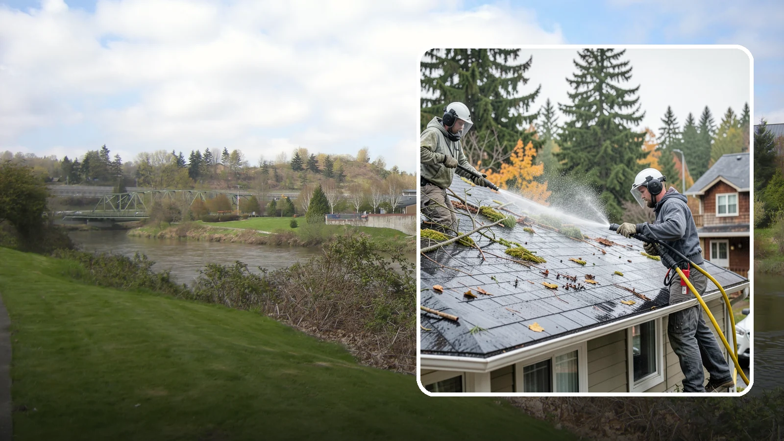 Post-Storm Roof Cleaning in Tukwila, King County, WA - Post-storm roof cleaning clears the branches, needles, and debris that Northwest storms pile onto roofs and lodge in valleys.