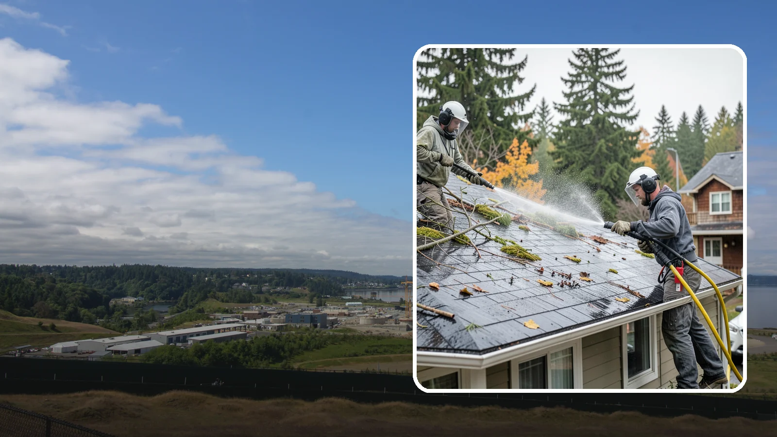 Post-Storm Roof Cleaning in University Place, Pierce County, WA - Post-storm roof cleaning clears the branches, needles, and debris that Northwest storms pile onto roofs and lodge in valleys.