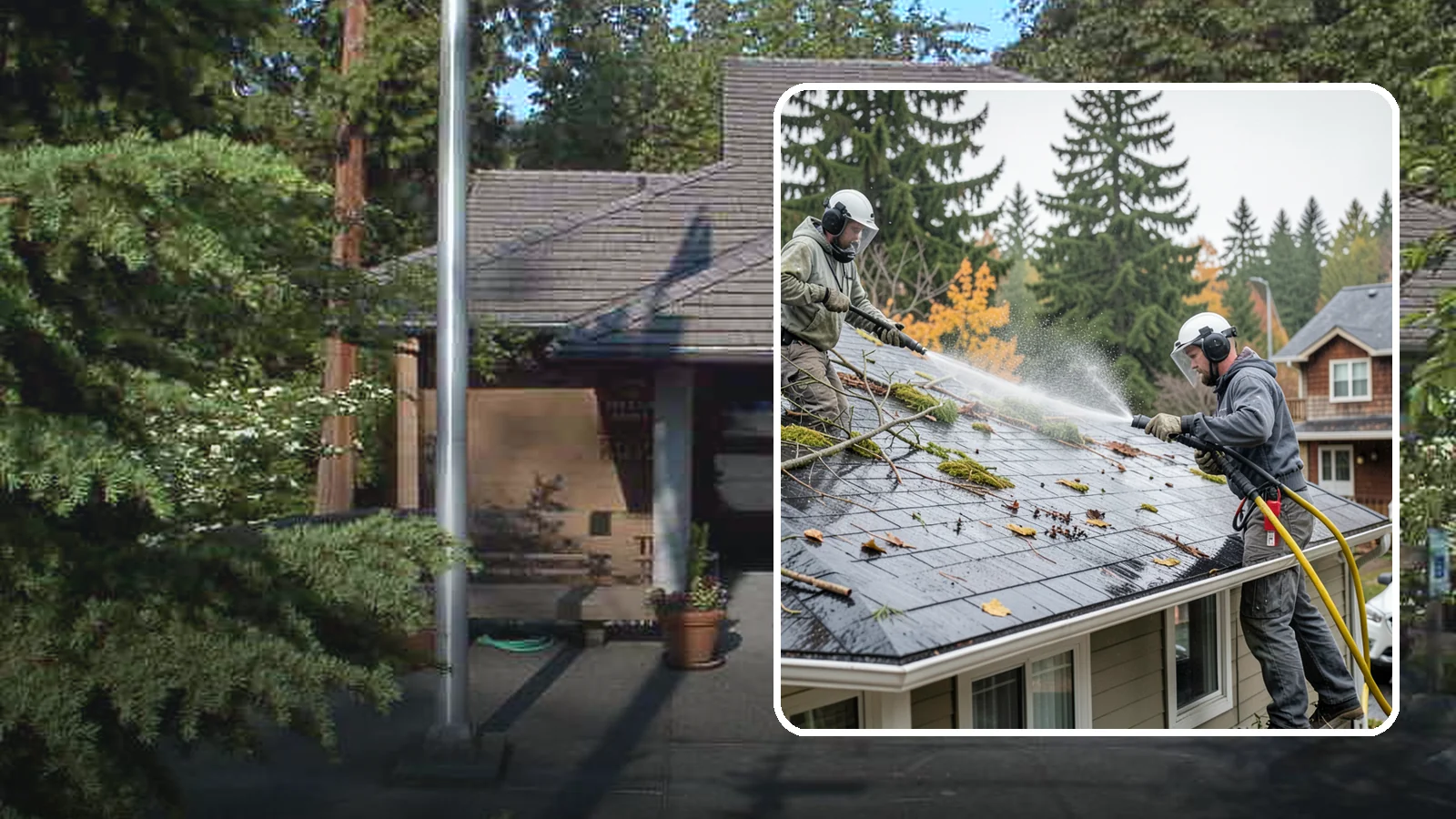 Post-Storm Roof Cleaning in Yarrow Point, King County, WA - Post-storm roof cleaning clears the branches, needles, and debris that Northwest storms pile onto roofs and lodge in valleys.