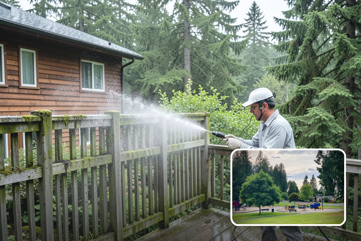 Pressure-Treated Deck Cleaning in Bonney Lake, Pierce County, WA - Strips greying and algae from treated boards