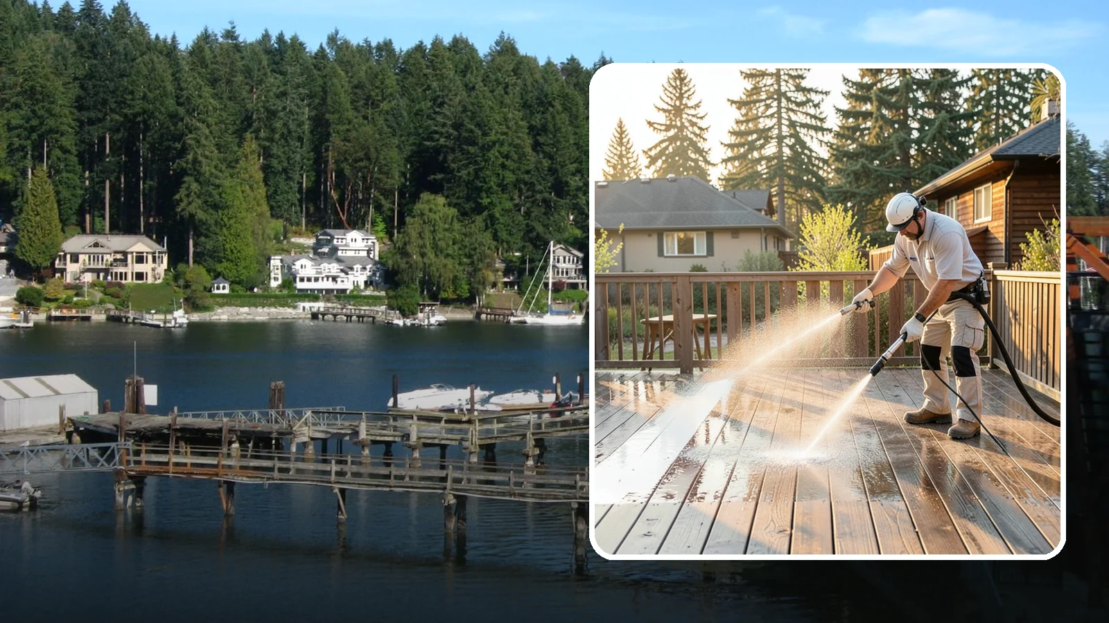 Pressure-Treated Deck Cleaning in Gig Harbor, Pierce County, WA - Clean pressure-treated decks to strip greying and growth while keeping the softwood intact.
