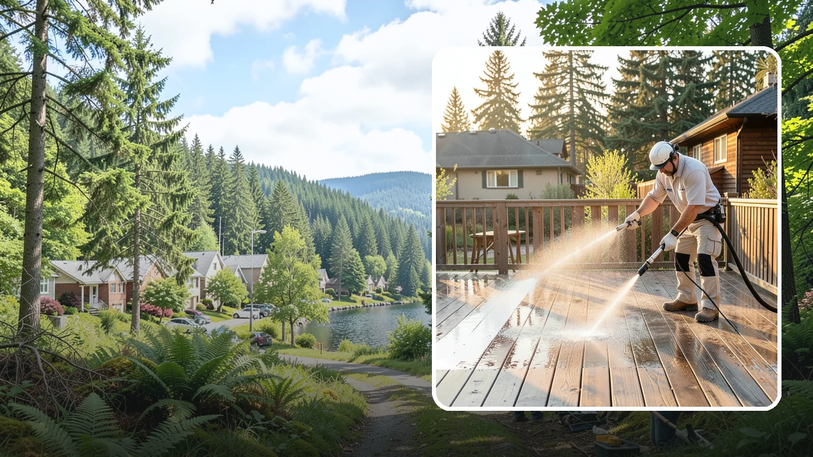 Pressure-Treated Deck Cleaning in Lake Forest Park, King County, WA - Clean pressure-treated decks to strip greying and growth while keeping the softwood intact.