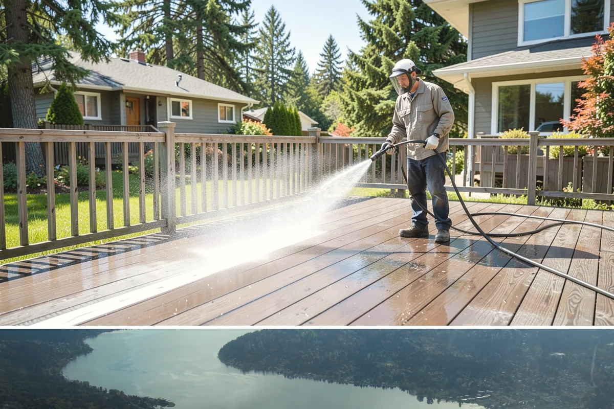 Pressure-Treated Deck Cleaning in Sammamish, King County, WA - Clean pressure-treated decks in summer so boards dry fully before restaining.