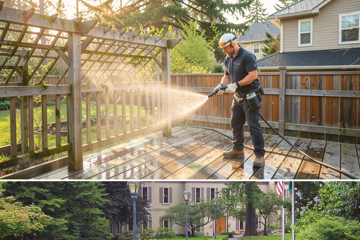 Privacy Screen Cleaning in Woodinville, King County, WA - Spring clears the winter's mildew from these shaded panels so they look fresh through the outdoor season.