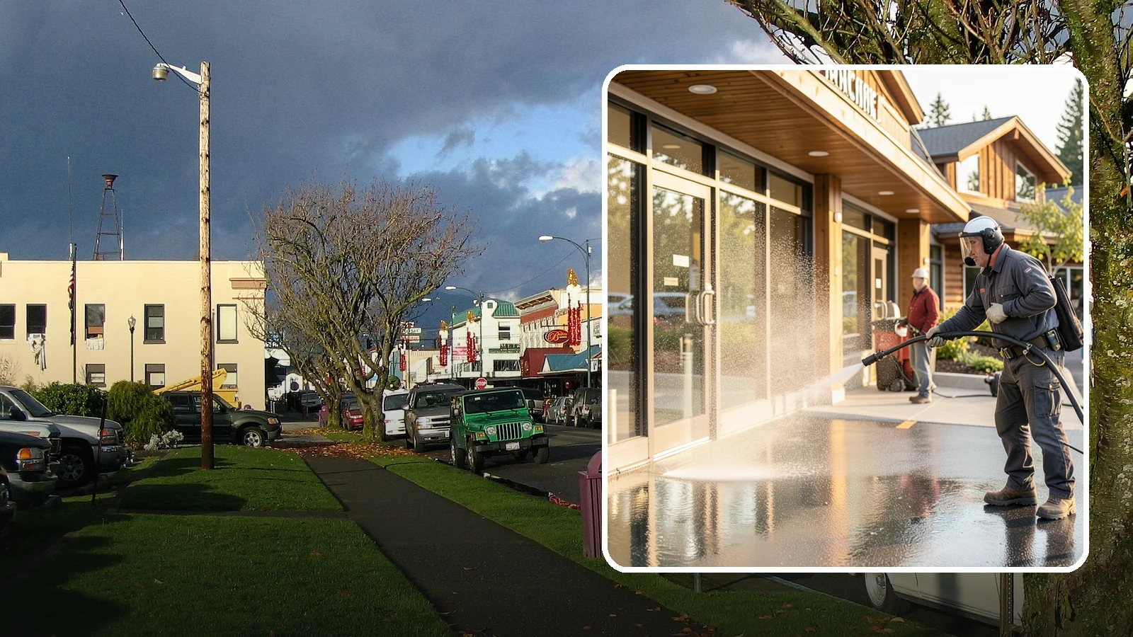 Retail Center Cleaning in Arlington, Snohomish County, WA - Comprehensive exterior cleaning for shopping centers covering storefronts, common walkways, and parking areas that draw shoppers...