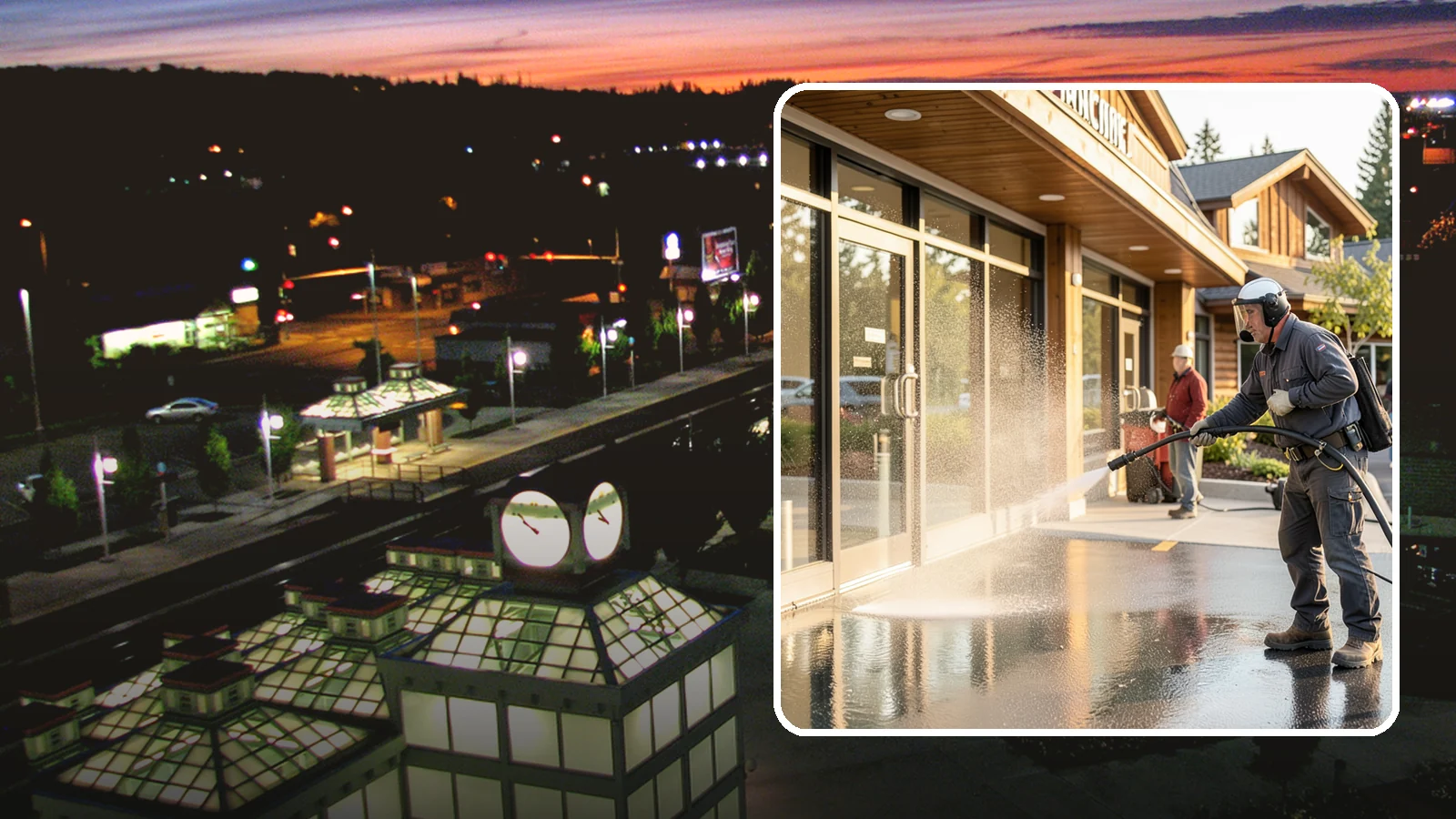 Retail Center Cleaning in Auburn, King County, WA - Comprehensive exterior cleaning for shopping centers covering storefronts, common walkways, and parking areas that draw shoppers...
