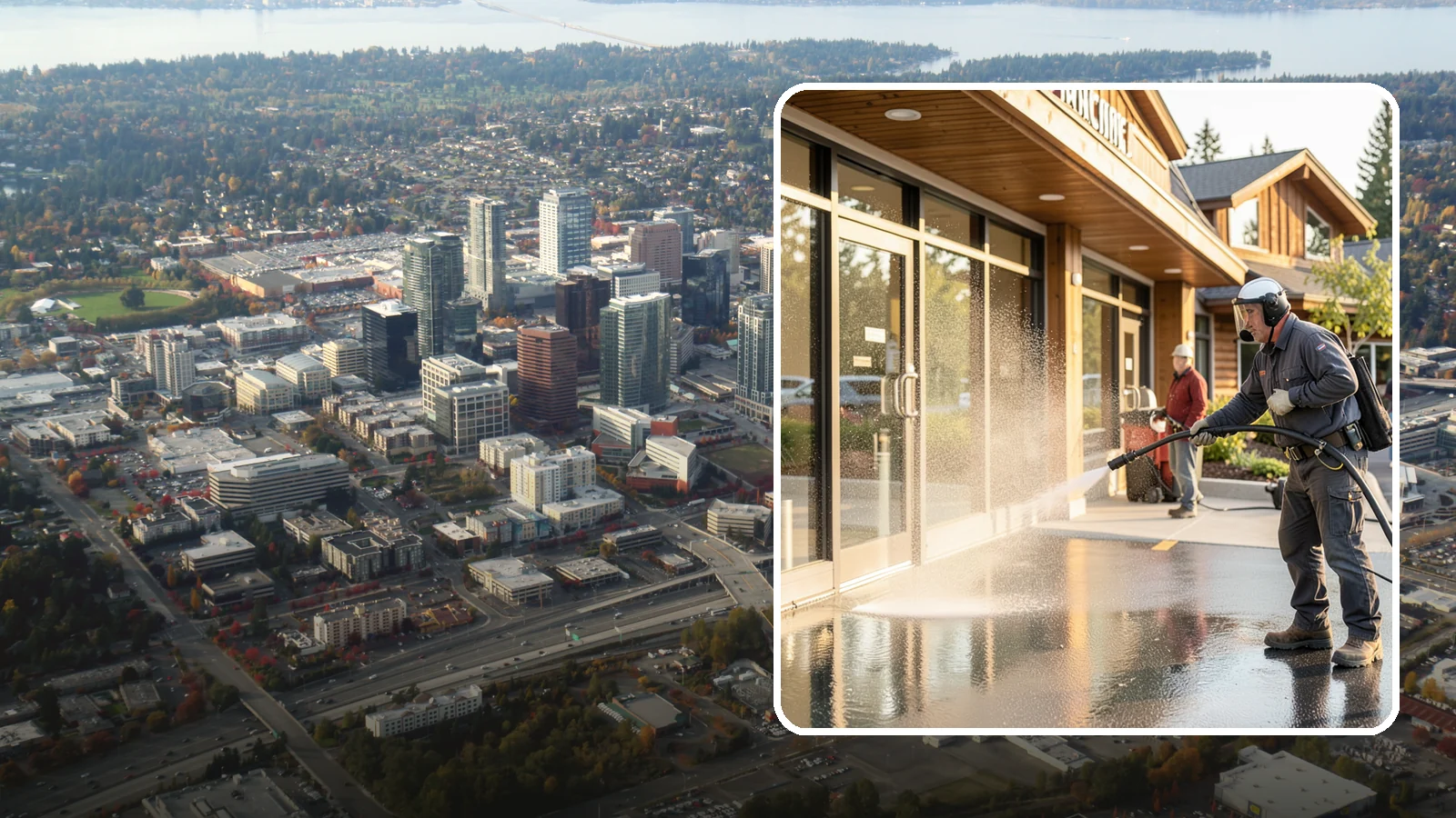 Retail Center Cleaning in Bellevue, King County, WA - Comprehensive exterior cleaning for shopping centers covering storefronts, common walkways, and parking areas that draw shoppers...