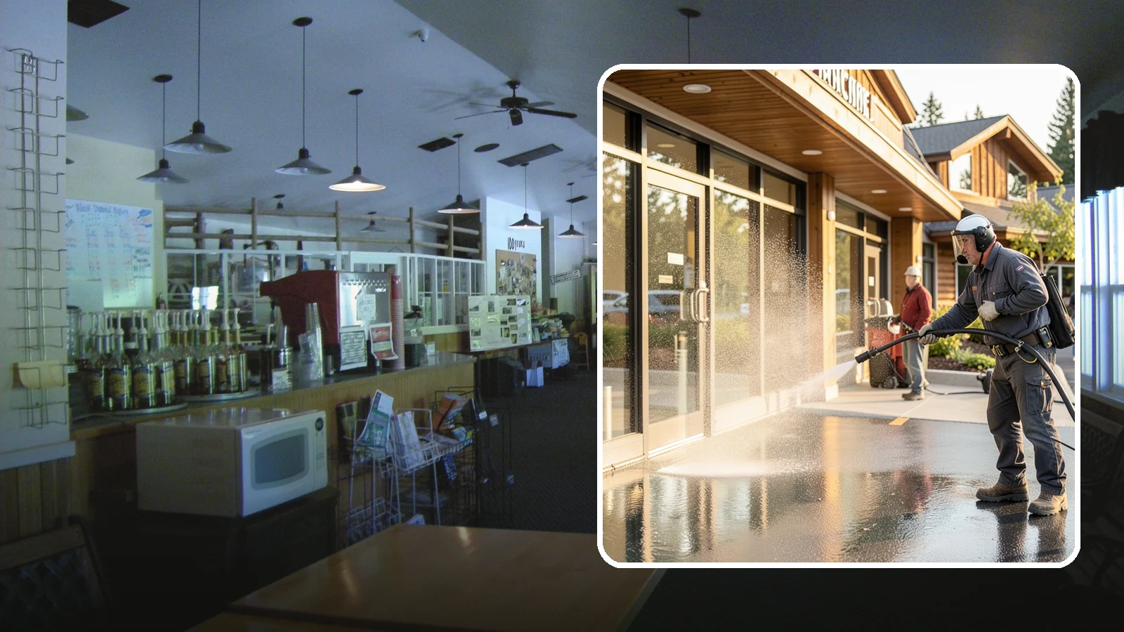 Retail Center Cleaning in Black Diamond, King County, WA - Comprehensive exterior cleaning for shopping centers covering storefronts, common walkways, and parking areas that draw shoppers...