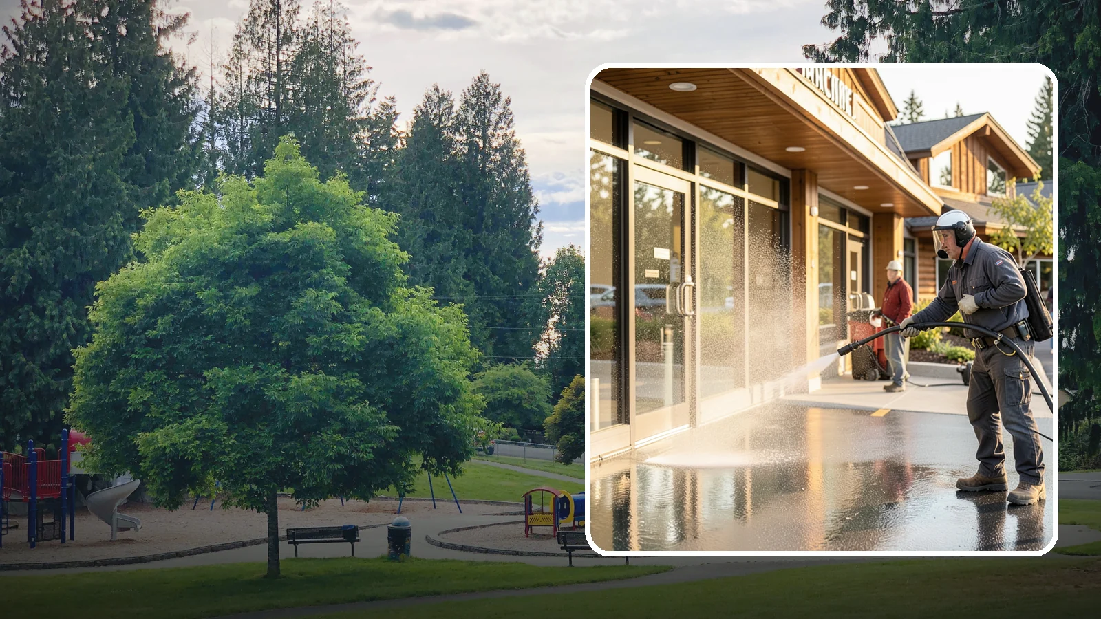 Retail Center Cleaning in Bonney Lake, Pierce County, WA - Comprehensive exterior cleaning for shopping centers covering storefronts, common walkways, and parking areas that draw shoppers...