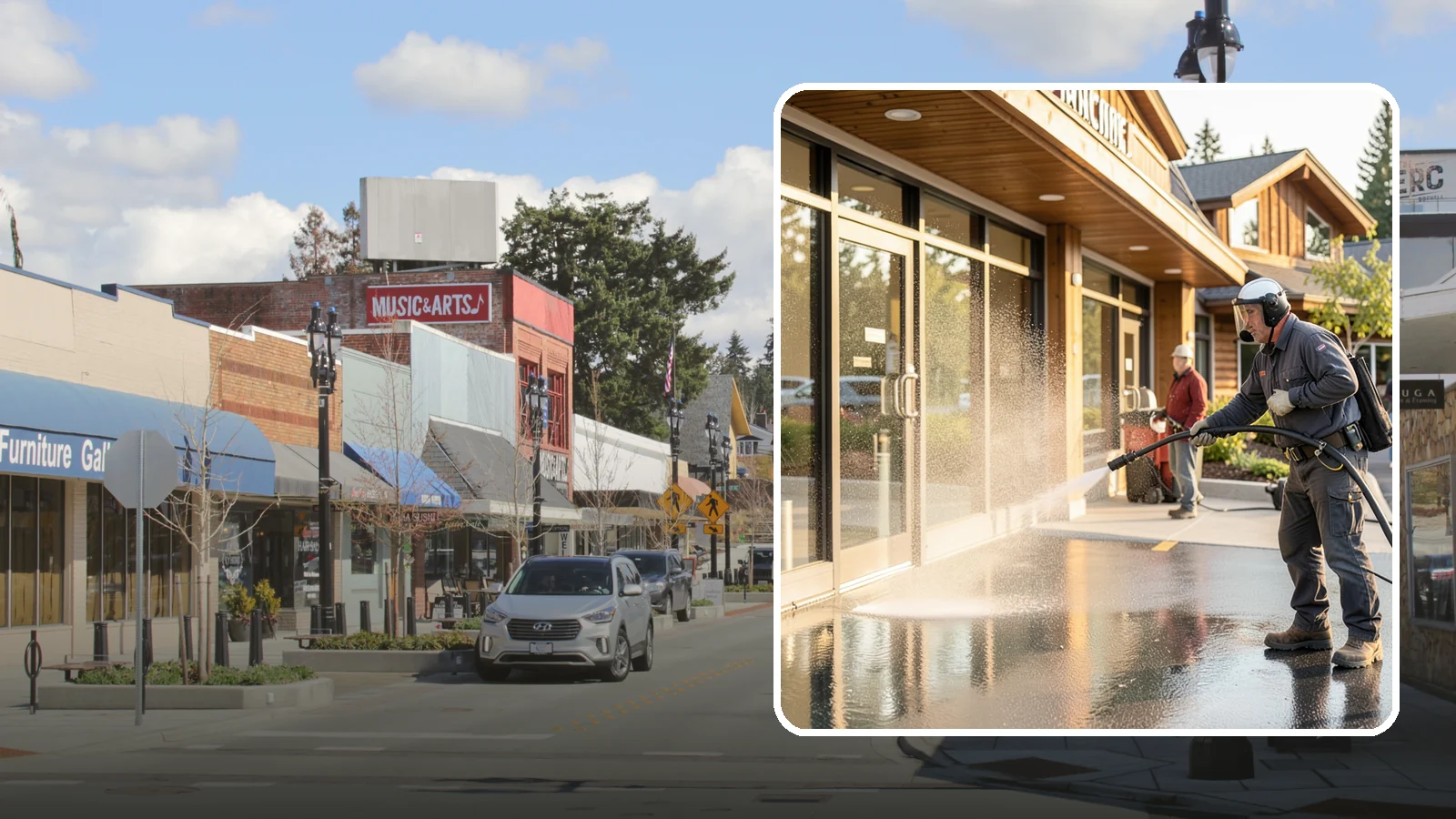 Retail Center Cleaning in Bothell, King County, WA - Comprehensive exterior cleaning for shopping centers covering storefronts, common walkways, and parking areas that draw shoppers...