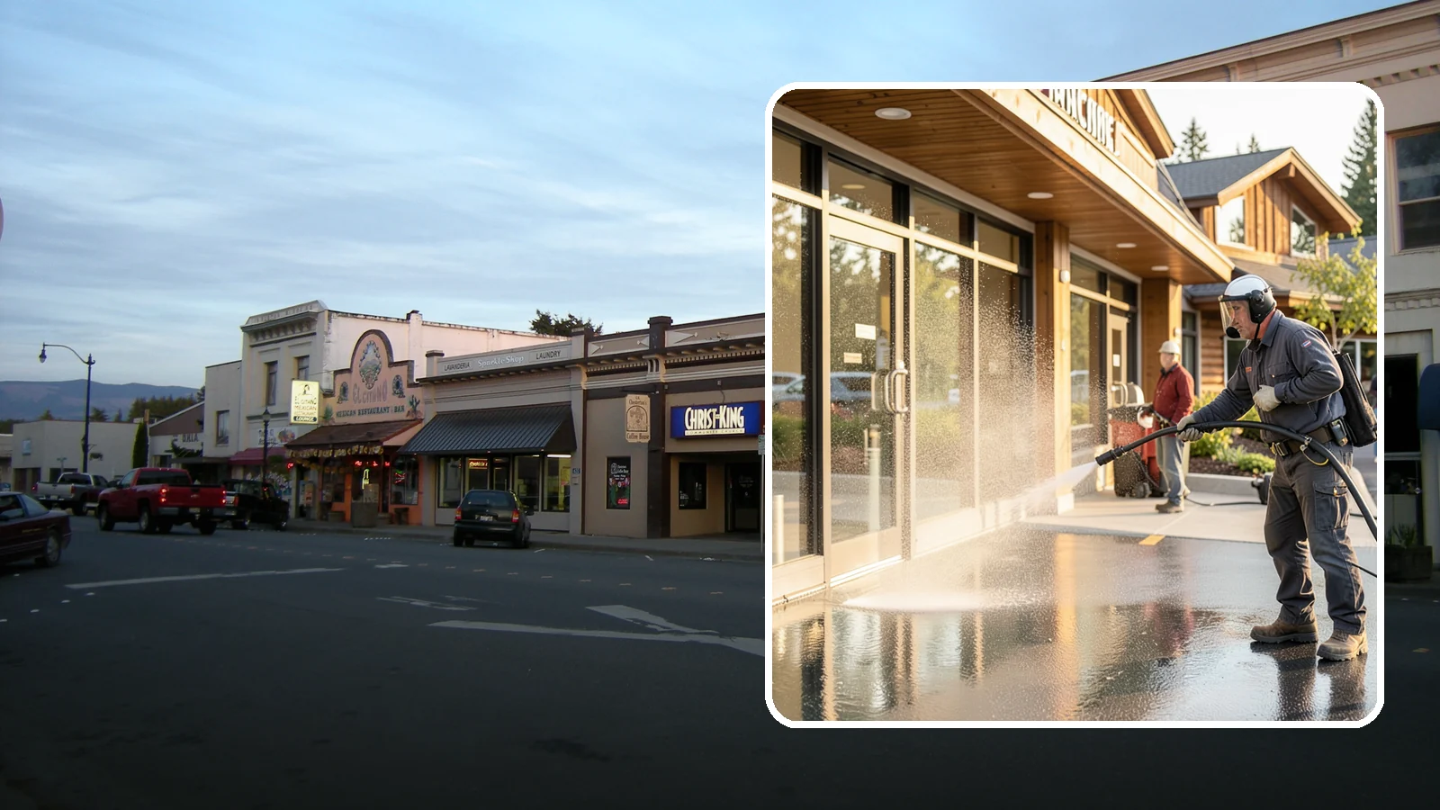 Retail Center Cleaning in Burlington, Skagit County, WA - Comprehensive exterior cleaning for shopping centers covering storefronts, common walkways, and parking areas that draw shoppers...