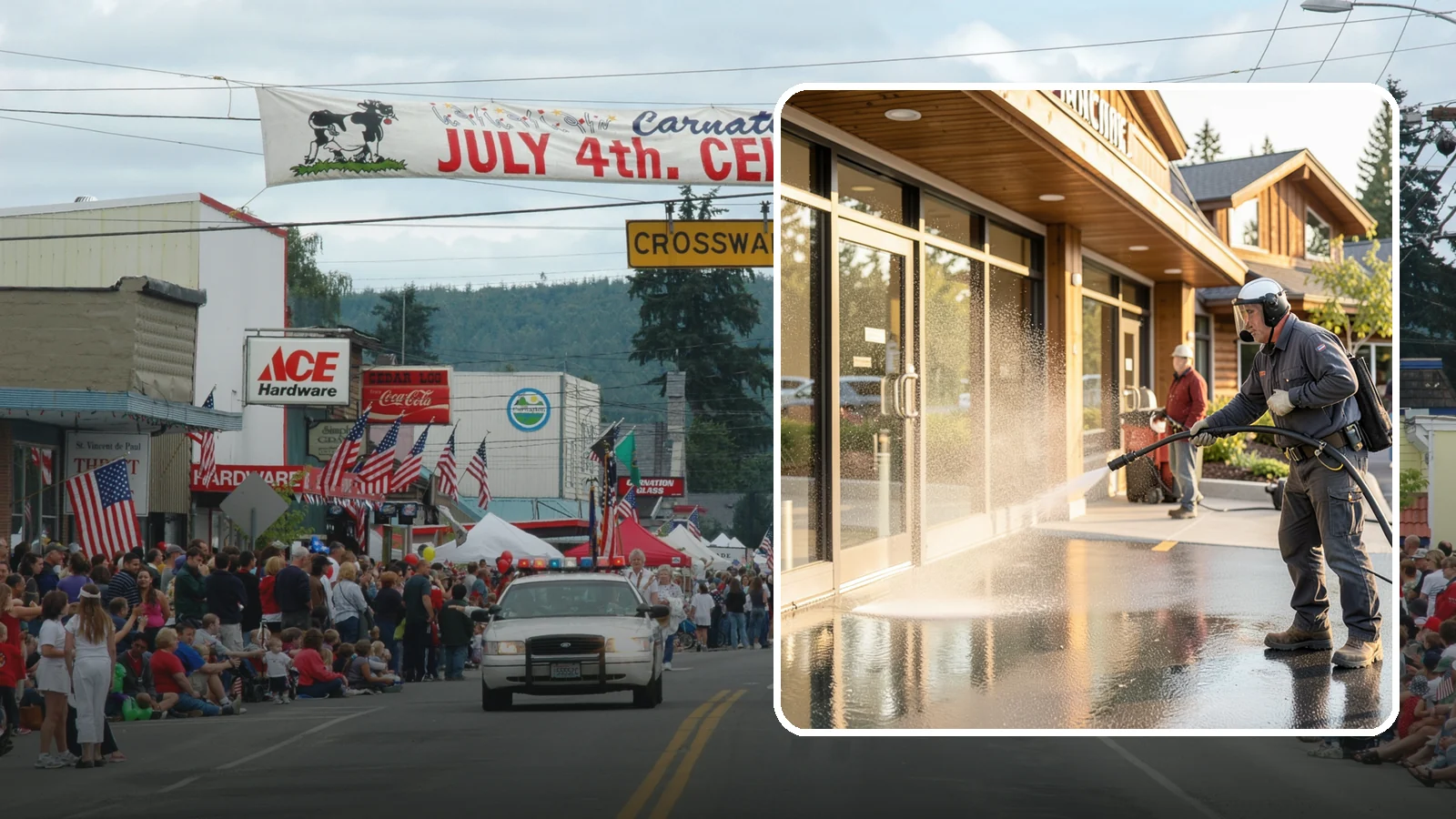 Retail Center Cleaning in Carnation, King County, WA - Comprehensive exterior cleaning for shopping centers covering storefronts, common walkways, and parking areas that draw shoppers...