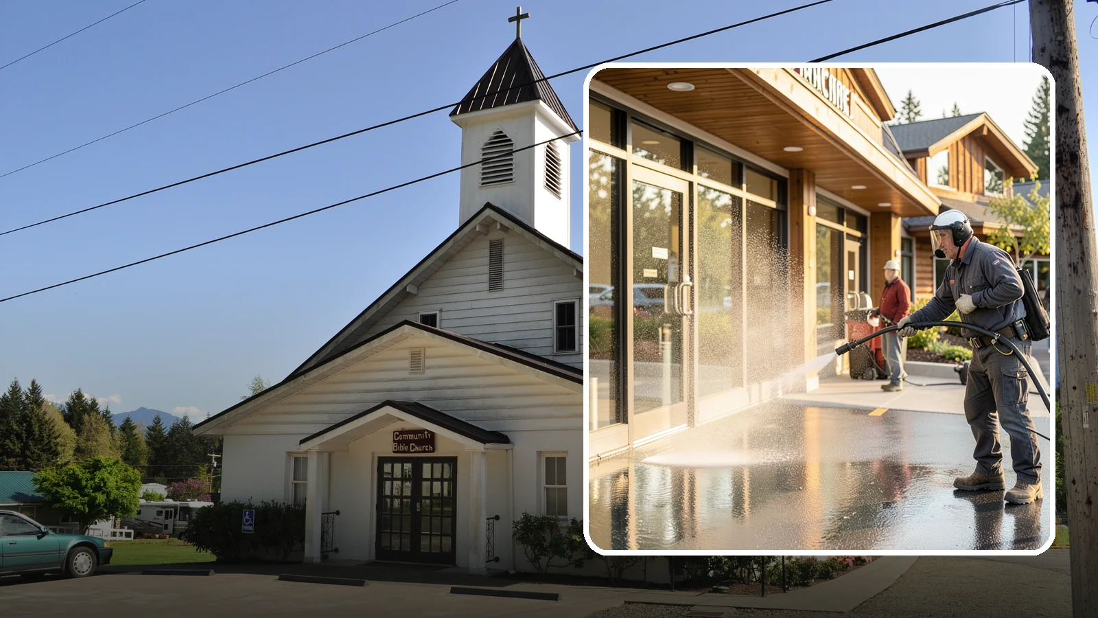 Retail Center Cleaning in Concrete, Skagit County, WA - Comprehensive exterior cleaning for shopping centers covering storefronts, common walkways, and parking areas that draw shoppers...