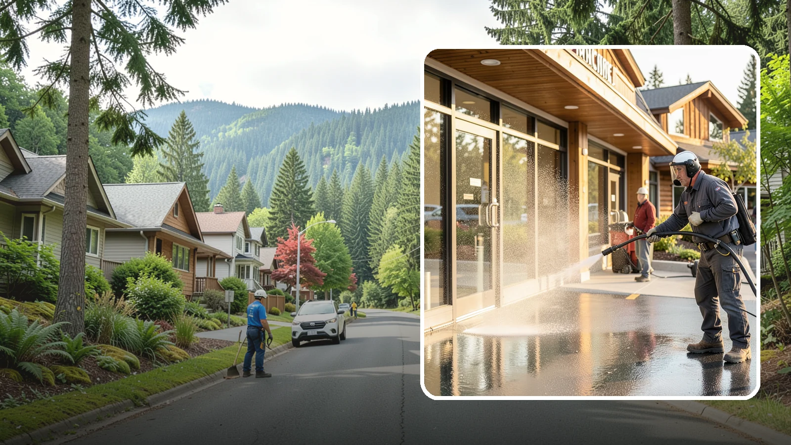 Retail Center Cleaning in Darrington, Snohomish County, WA - Comprehensive exterior cleaning for shopping centers covering storefronts, common walkways, and parking areas that draw shoppers...