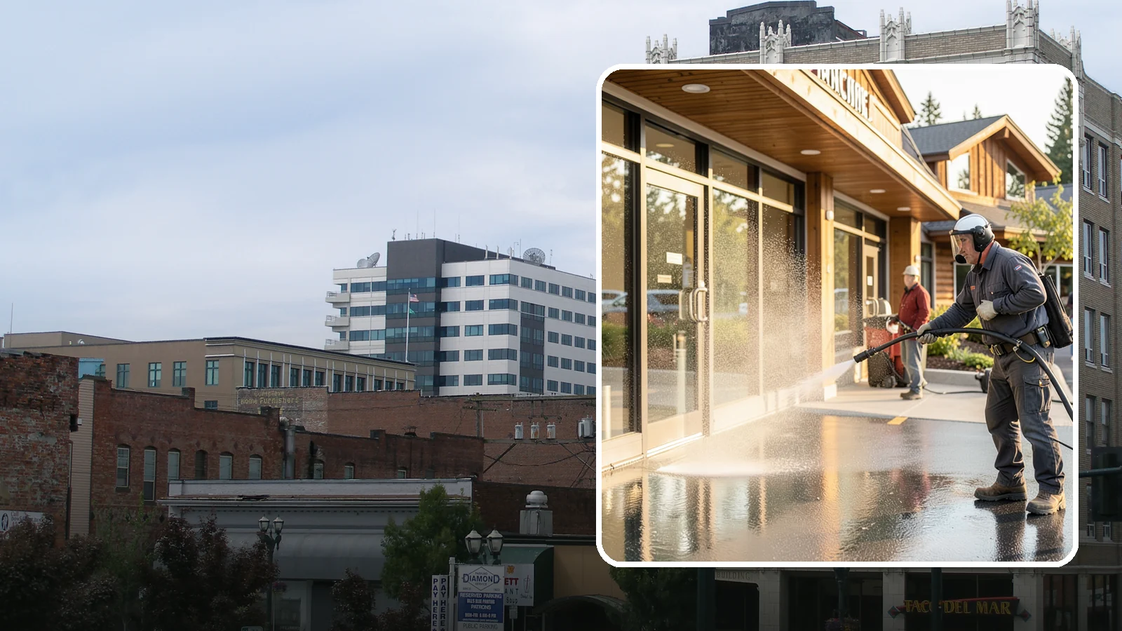 Retail Center Cleaning in Everett, Snohomish County, WA - Comprehensive exterior cleaning for shopping centers covering storefronts, common walkways, and parking areas that draw shoppers...