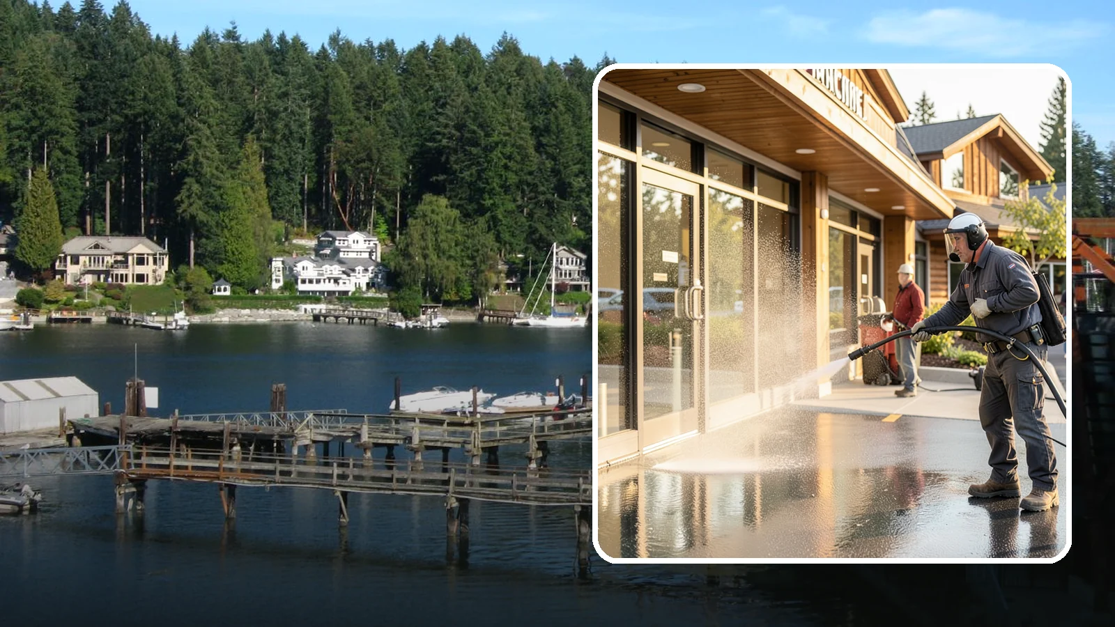 Retail Center Cleaning in Gig Harbor, Pierce County, WA - Comprehensive exterior cleaning for shopping centers covering storefronts, common walkways, and parking areas that draw shoppers...