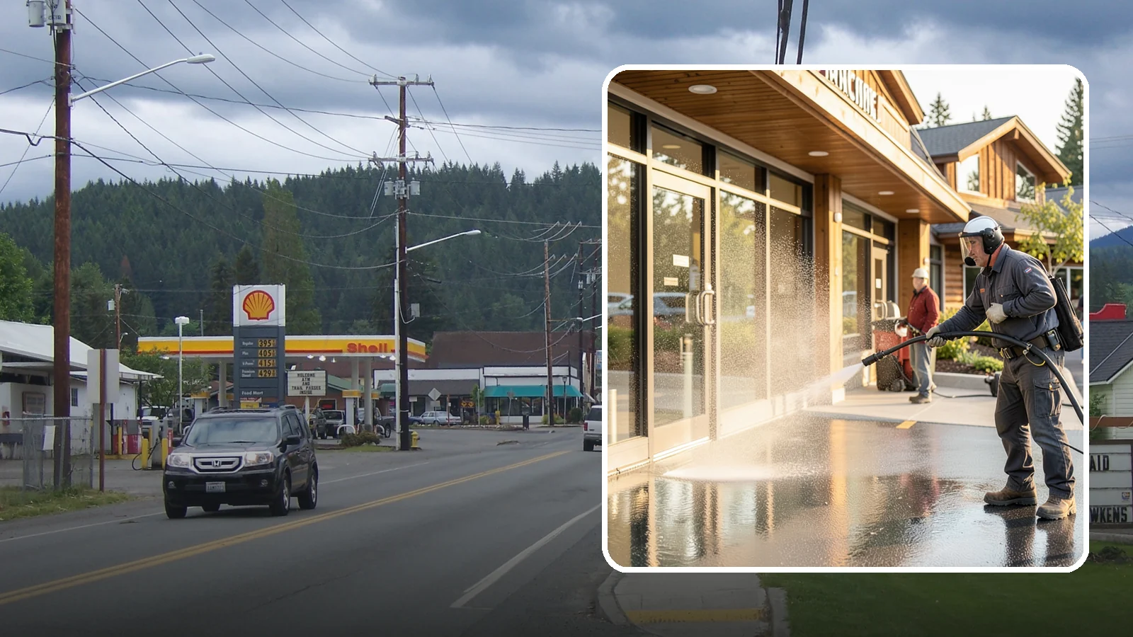 Retail Center Cleaning in Granite Falls, Snohomish County, WA - Comprehensive exterior cleaning for shopping centers covering storefronts, common walkways, and parking areas that draw shoppers...