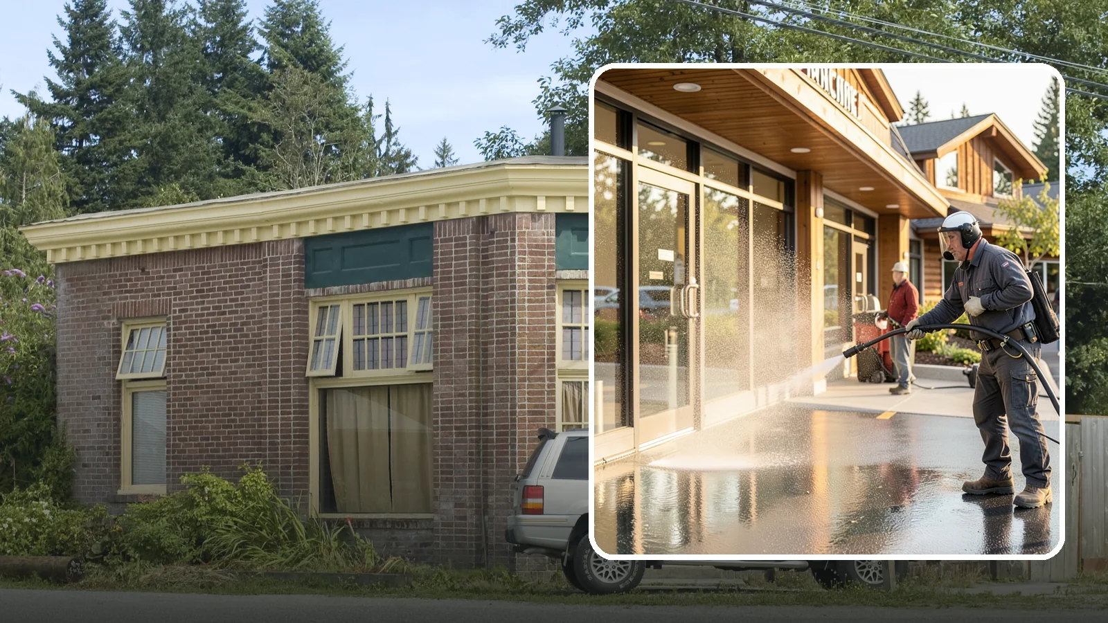 Retail Center Cleaning in Hamilton, Skagit County, WA - Comprehensive exterior cleaning for shopping centers covering storefronts, common walkways, and parking areas that draw shoppers...