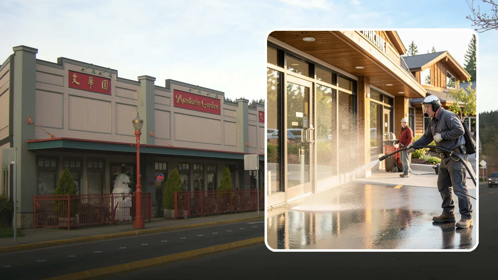 Retail Center Cleaning in Issaquah, King County, WA - Comprehensive exterior cleaning for shopping centers covering storefronts, common walkways, and parking areas that draw shoppers...