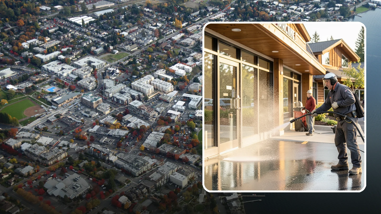 Retail Center Cleaning in Kirkland, King County, WA - Comprehensive exterior cleaning for shopping centers covering storefronts, common walkways, and parking areas that draw shoppers...