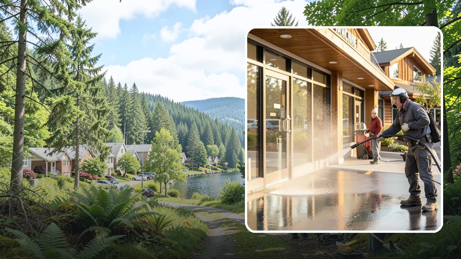 Retail Center Cleaning in Lake Forest Park, King County, WA - Comprehensive exterior cleaning for shopping centers covering storefronts, common walkways, and parking areas that draw shoppers...