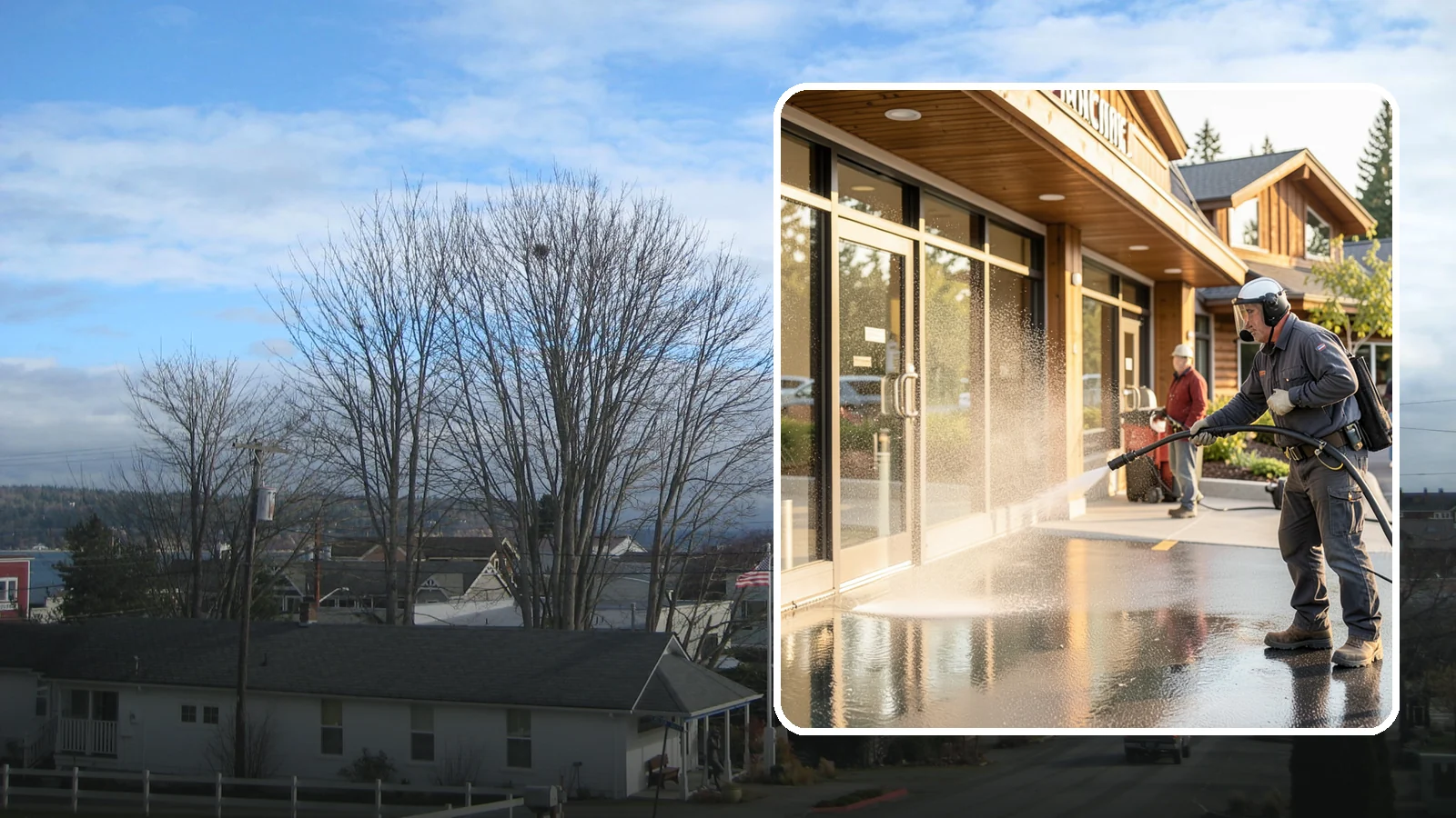 Retail Center Cleaning in Langley, Island County, WA - Comprehensive exterior cleaning for shopping centers covering storefronts, common walkways, and parking areas that draw shoppers...