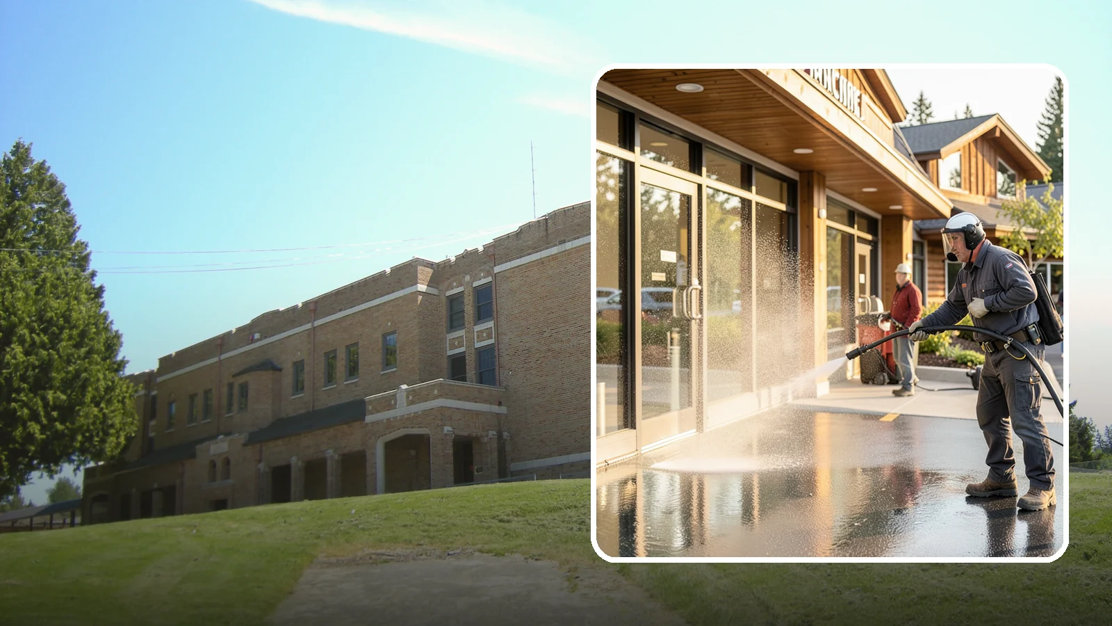 Retail Center Cleaning in Maple Valley, King County, WA - Comprehensive exterior cleaning for shopping centers covering storefronts, common walkways, and parking areas that draw shoppers...
