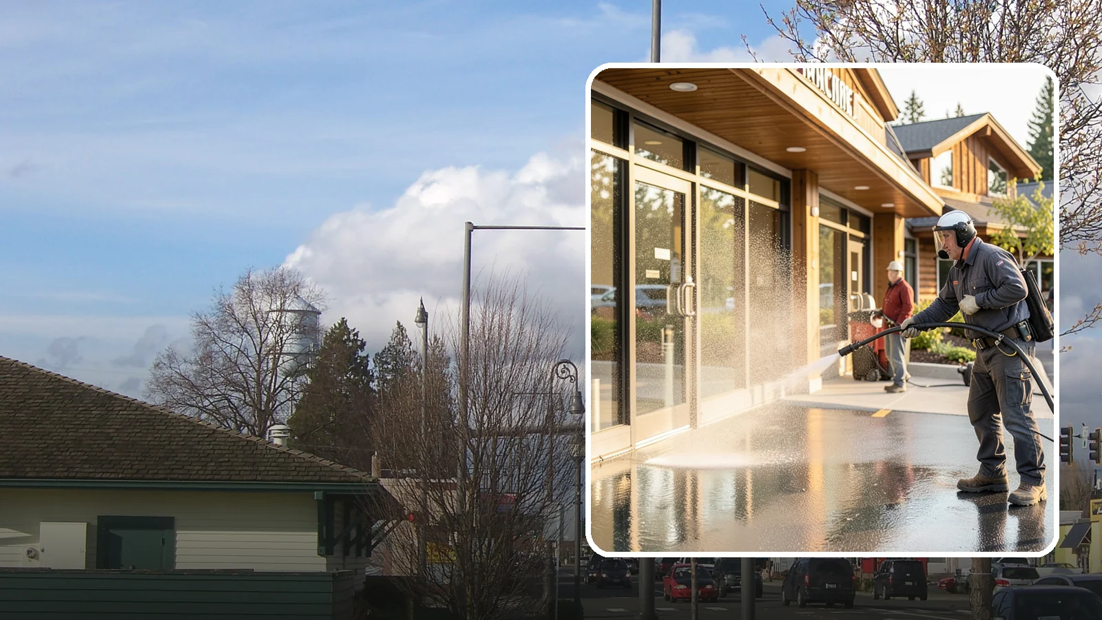 Retail Center Cleaning in Marysville, Snohomish County, WA - Comprehensive exterior cleaning for shopping centers covering storefronts, common walkways, and parking areas that draw shoppers...