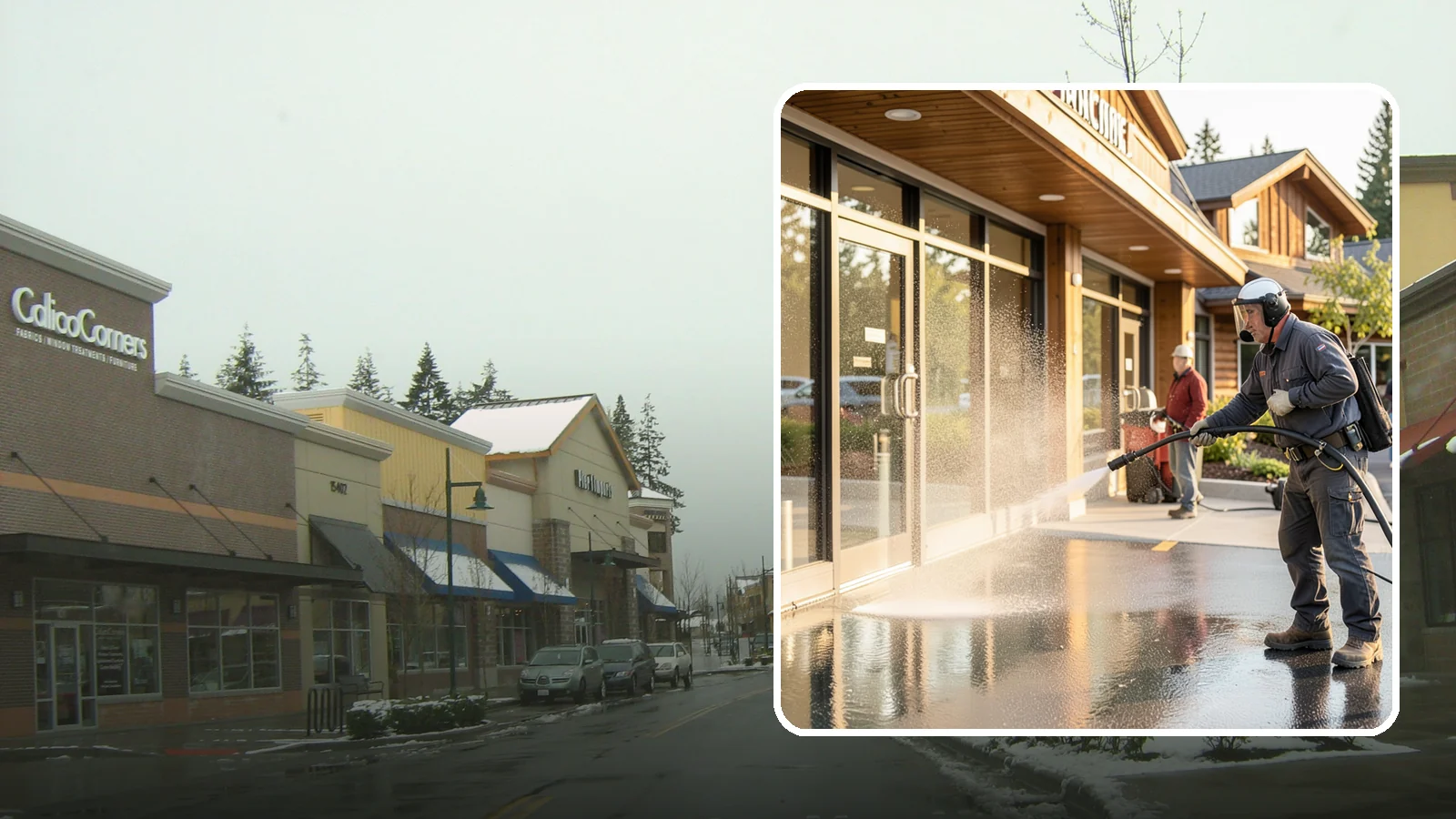 Retail Center Cleaning in Mill Creek, Snohomish County, WA - Comprehensive exterior cleaning for shopping centers covering storefronts, common walkways, and parking areas that draw shoppers...
