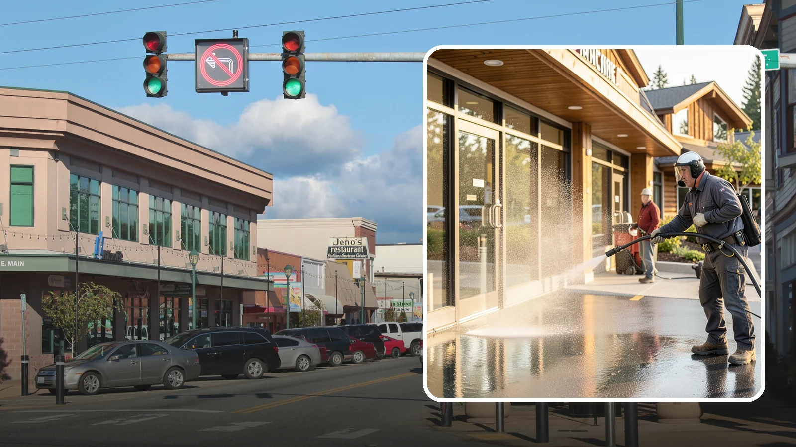Retail Center Cleaning in Monroe, Snohomish County, WA - Comprehensive exterior cleaning for shopping centers covering storefronts, common walkways, and parking areas that draw shoppers...