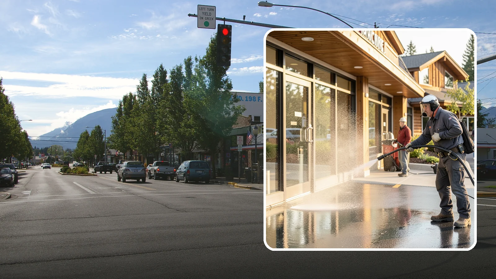 Retail Center Cleaning in North Bend, King County, WA - Comprehensive exterior cleaning for shopping centers covering storefronts, common walkways, and parking areas that draw shoppers...