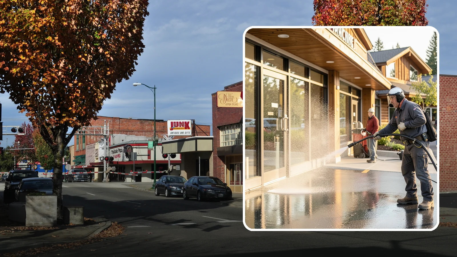 Retail Center Cleaning in Puyallup, Pierce County, WA - Comprehensive exterior cleaning for shopping centers covering storefronts, common walkways, and parking areas that draw shoppers...