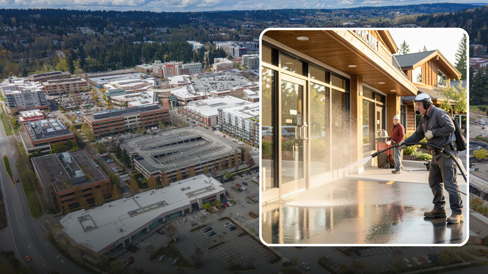 Retail Center Cleaning in Redmond, King County, WA - Comprehensive exterior cleaning for shopping centers covering storefronts, common walkways, and parking areas that draw shoppers...