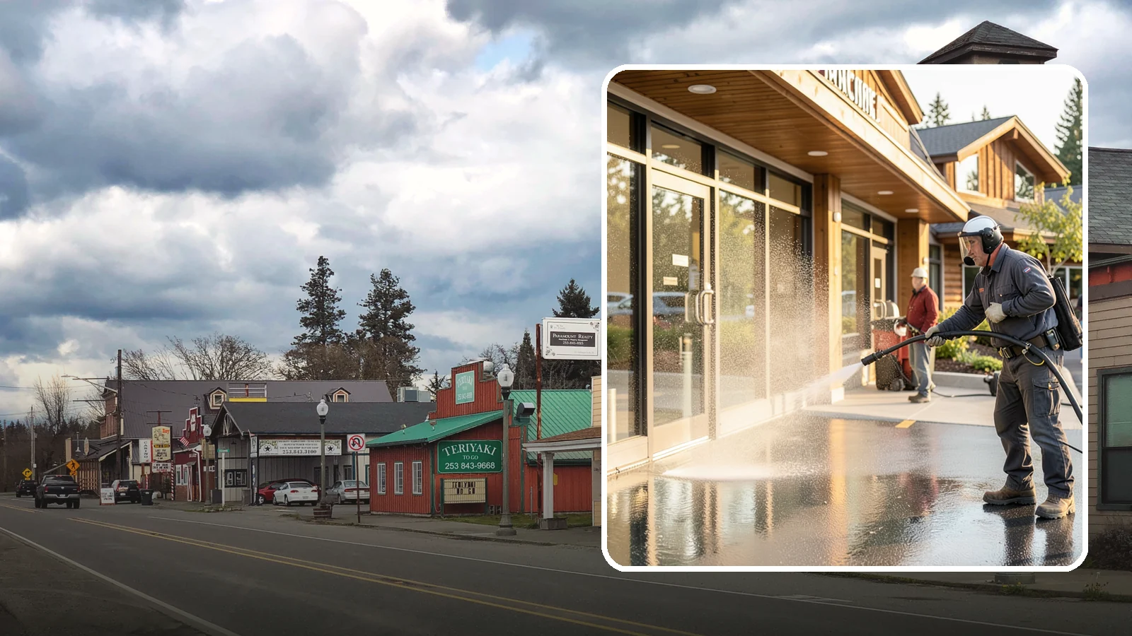 Retail Center Cleaning in Roy, Pierce County, WA - Comprehensive exterior cleaning for shopping centers covering storefronts, common walkways, and parking areas that draw shoppers...